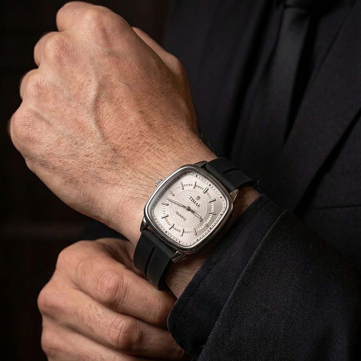 Timas Premium Cushion-Case Quartz Watch with Textured Dial and Black Rubber Strap