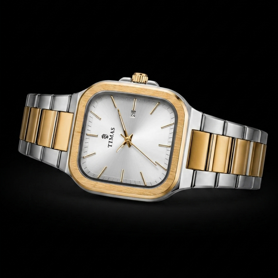 TIMAS Luxury Square Dial Quartz Wrist Watch for Men Gold & Silver