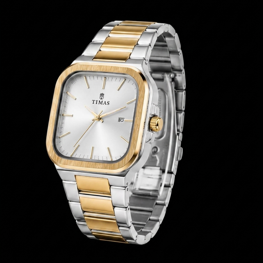 TIMAS Luxury Square Dial Quartz Wrist Watch for Men Gold & Silver