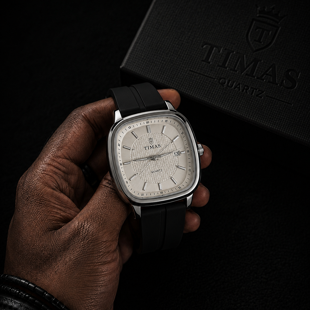 Timas Premium Cushion-Case Quartz Watch with Textured Dial and Black Rubber Strap
