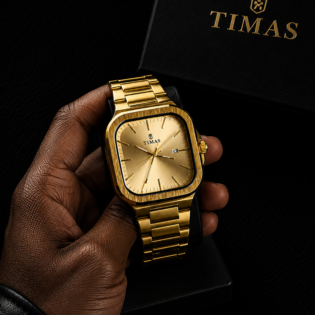 TIMAS Luxury Square Dial Quartz Wrist Watch for Men (Gold)