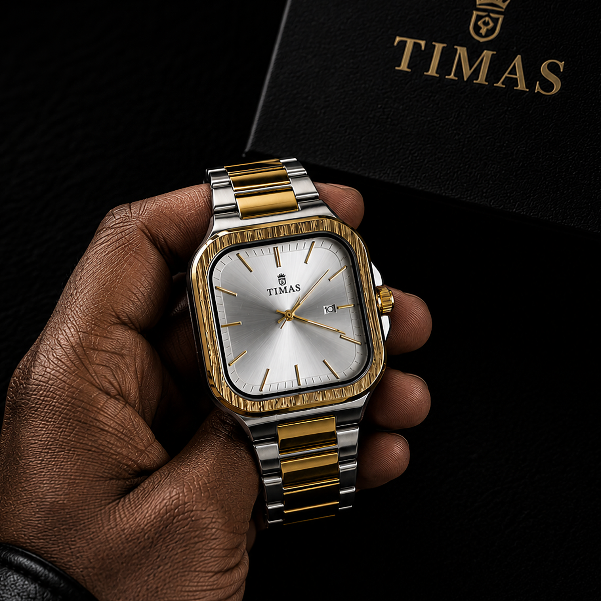 TIMAS Luxury Square Dial Quartz Wrist Watch for Men Gold & Silver