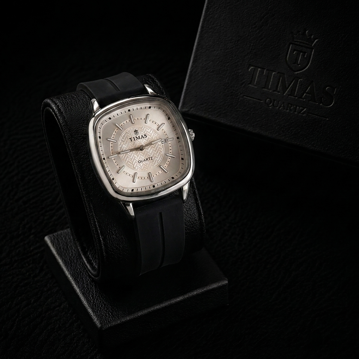 Timas Premium Cushion-Case Quartz Watch with Textured Dial and Black Rubber Strap