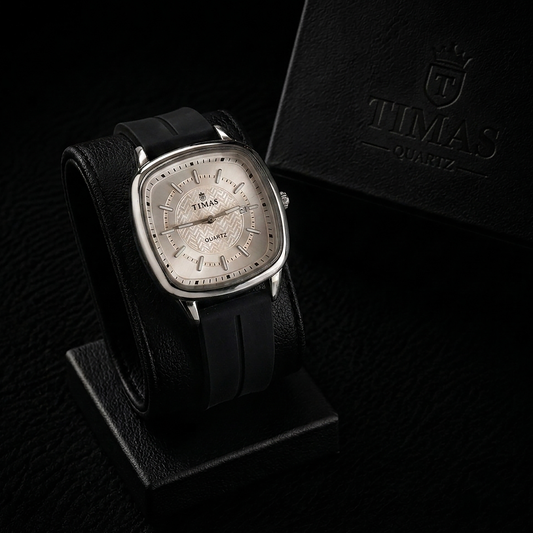 Timas Premium Cushion-Case Quartz Watch with Textured Dial and Black Rubber Strap