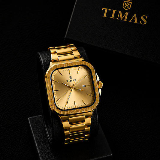 TIMAS Luxury Square Dial Quartz Wrist Watch for Men (Gold)